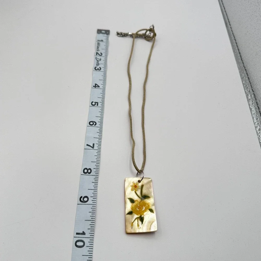 Vintage 90s Mother of Pearl Shell Hand Painted Yellow Rose Pendant Cord Necklace